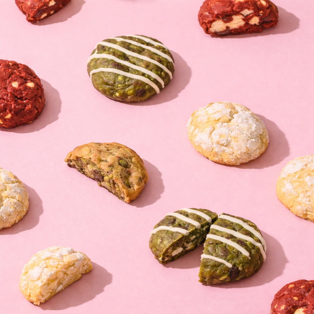Cookies matcha, red velvet et nature de PANÈA sur fond rose